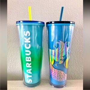 Set Of 2 Starbucks Color Changing Tumbler 24oz Cup Blue Green Straw Top Venti